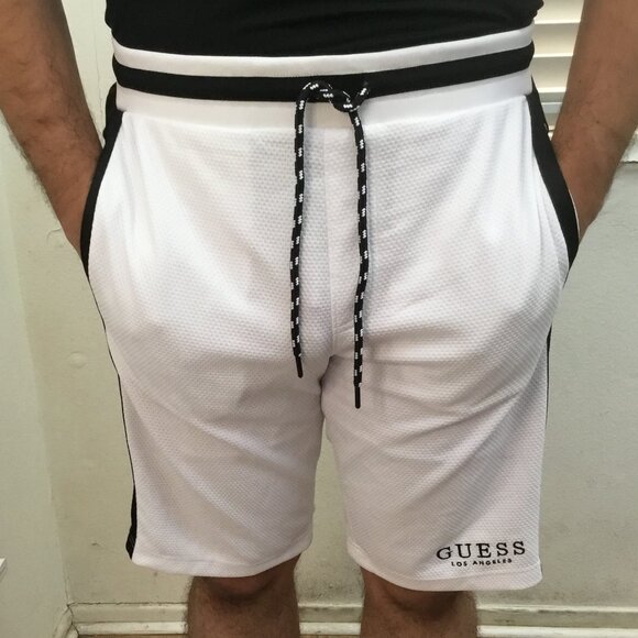 GUESS Men's Sport Relaxed Shorts Elastic Waist Striped Bermuda Logo Pocket Wht M - Picture 1 of 11
